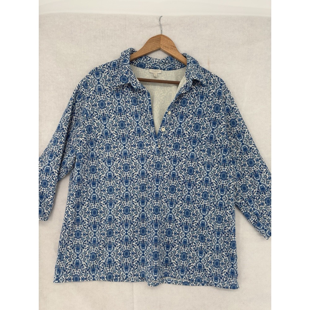 Talbots Womens 2X Blue Floral Print Collared 3/4 Sleeve Blouse Top Heavy Casual
